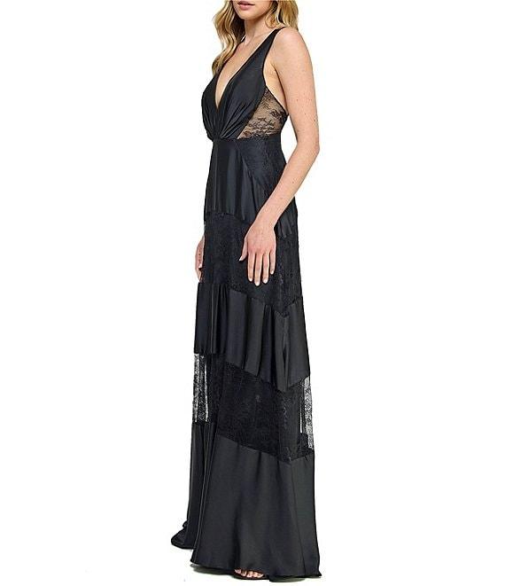 Layered With Love Celia Satin V-Neck Sleeveless Tiered Lace Maxi Dress Product Image