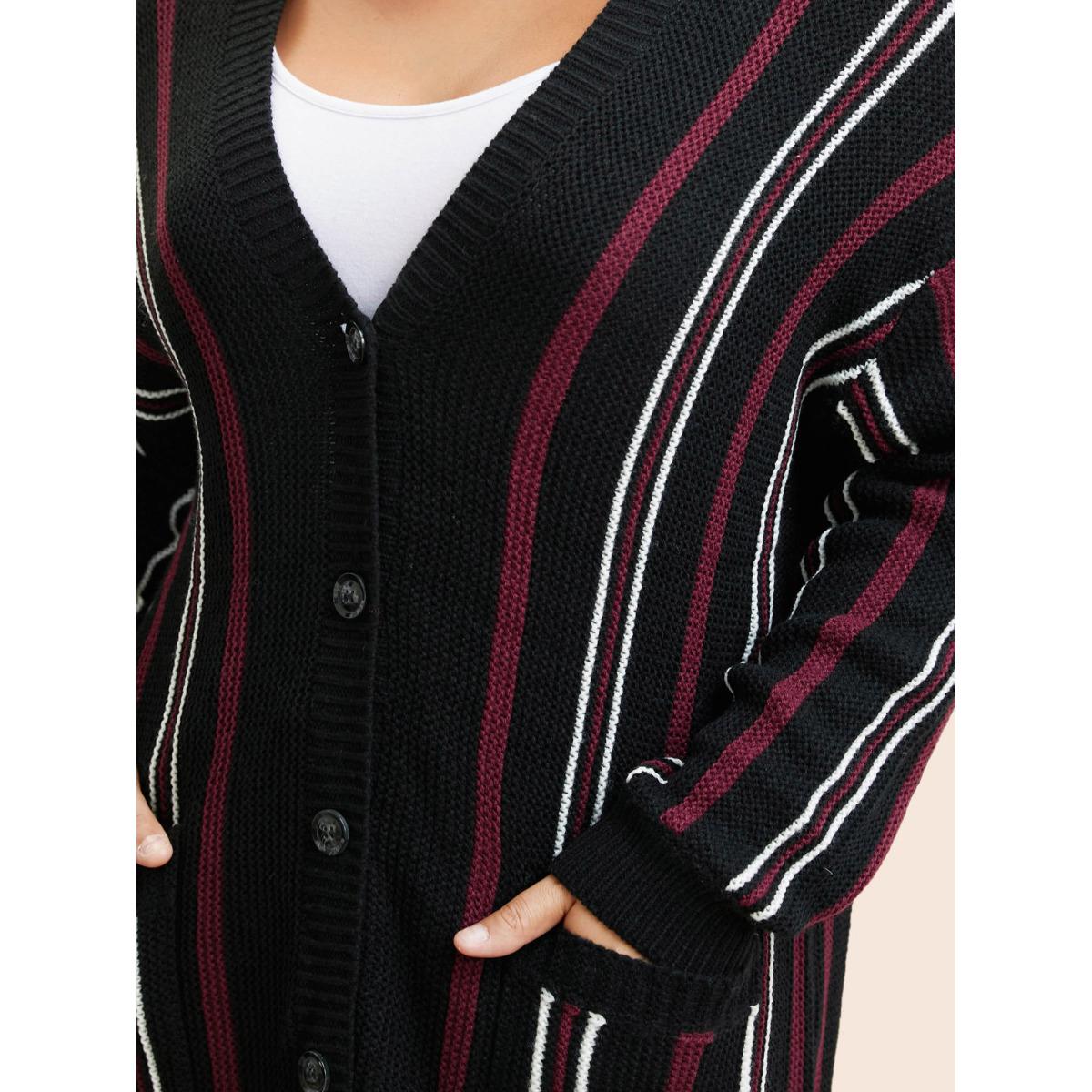 Plus Size Striped Patched Pocket Drop Shoulder Cardigan Black Women Casual Long Sleeve Everyday Cardigans BloomChic 30/6X Product Image