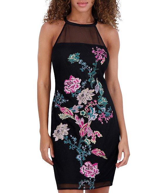 SIENA Illusion Halter Cage Back Embroidered Mesh Sheath Dress Product Image