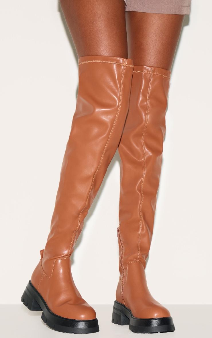 Brown PU Wide Fit Chunky Arched Sole Over The Knee Boots Product Image