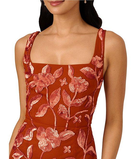 Adrianna Papell Square Neck Sleeveless Floral Beaded Mesh Maxi Dress Product Image