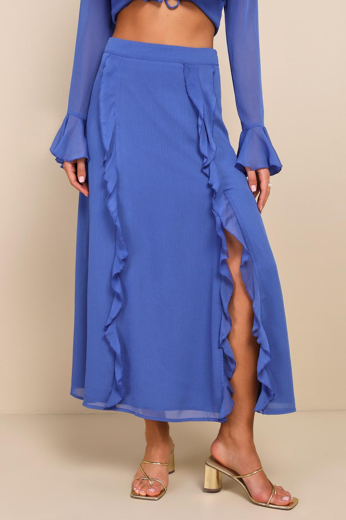 Destined to Stun Blue Chiffon Ruffled Midi Skirt Product Image