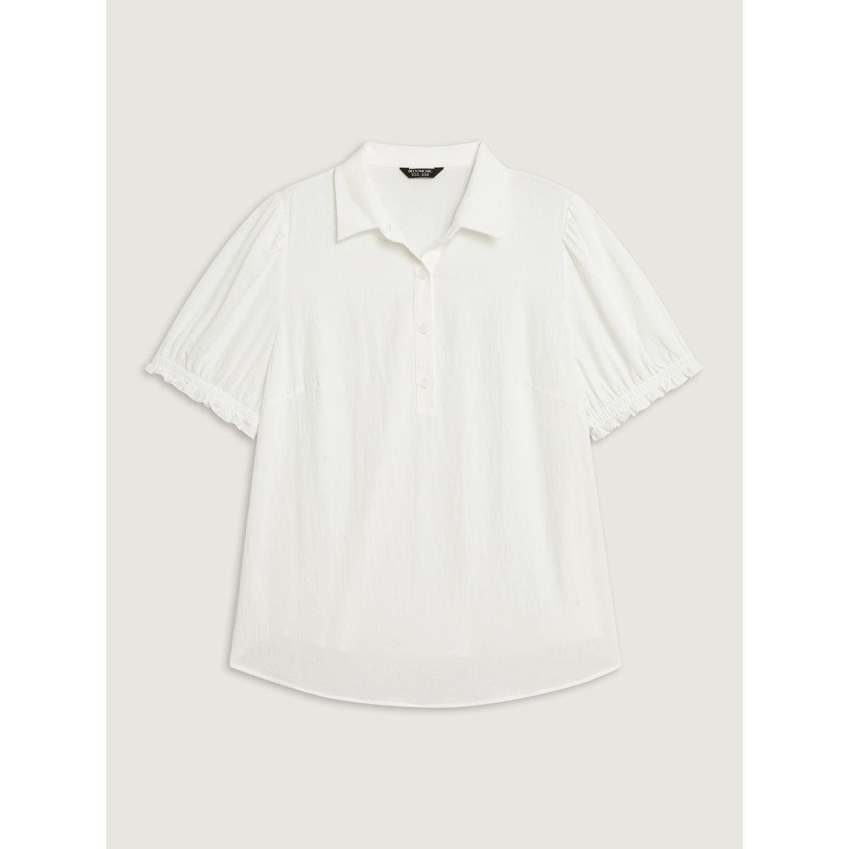 Plus Size Originalwhite Pure Cotton Ruffled Puffy Sleeve Blouse Women Office Short sleeve Shirt collar Office Blouses BloomChic 26/4X Product Image