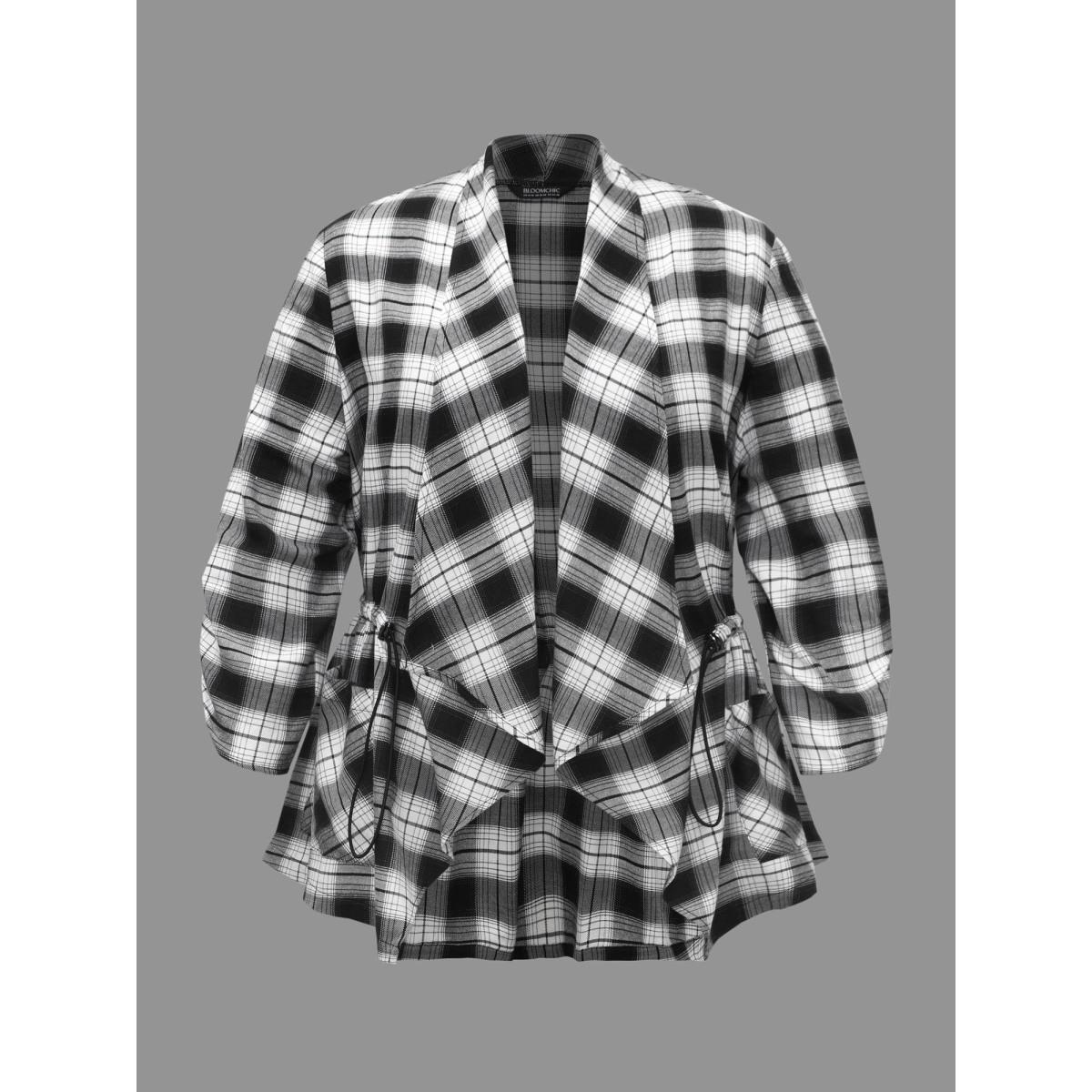 Plus Size Plaid Drawstring Patched Pocket Coat Women Black Elegant Drawstring Ladies Everyday Winter Coats BloomChic 12/L Product Image