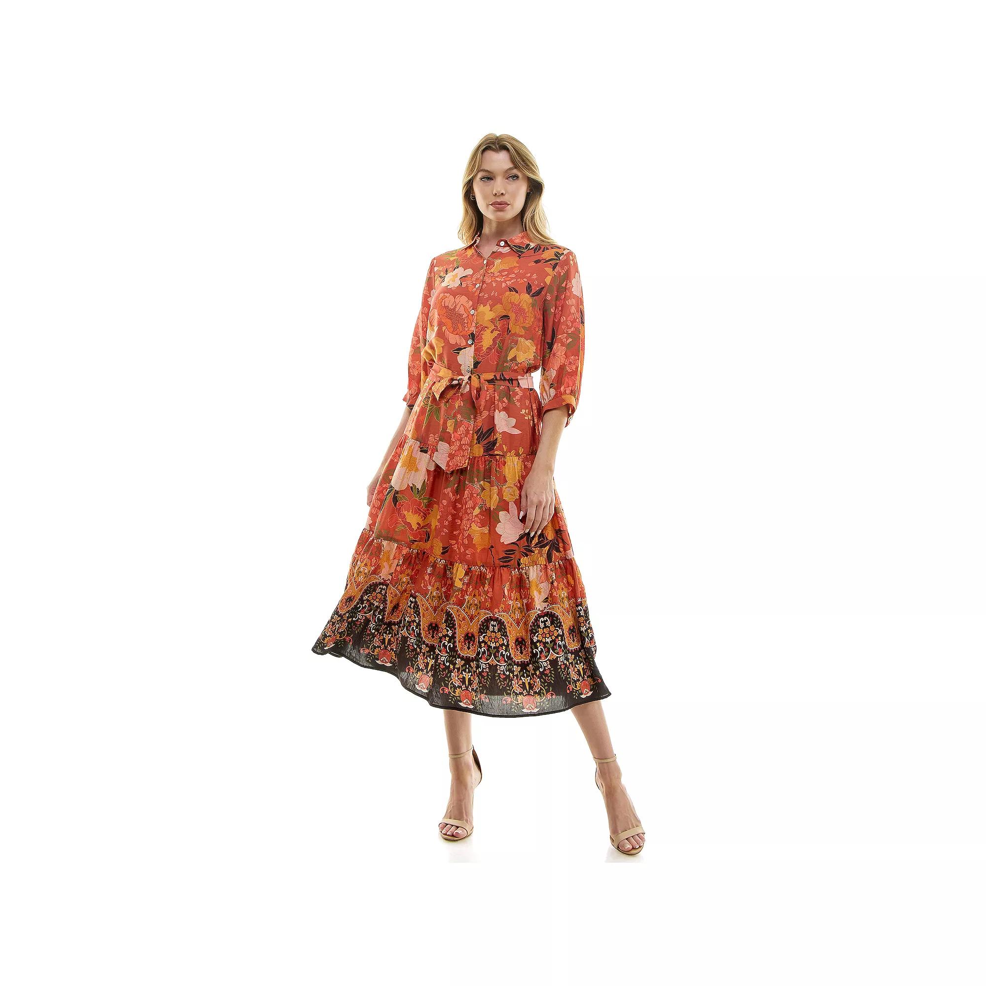 Women's Figueroa & Flower Button Front Belted Maxi Dress, Size: Large, Rust Black Product Image