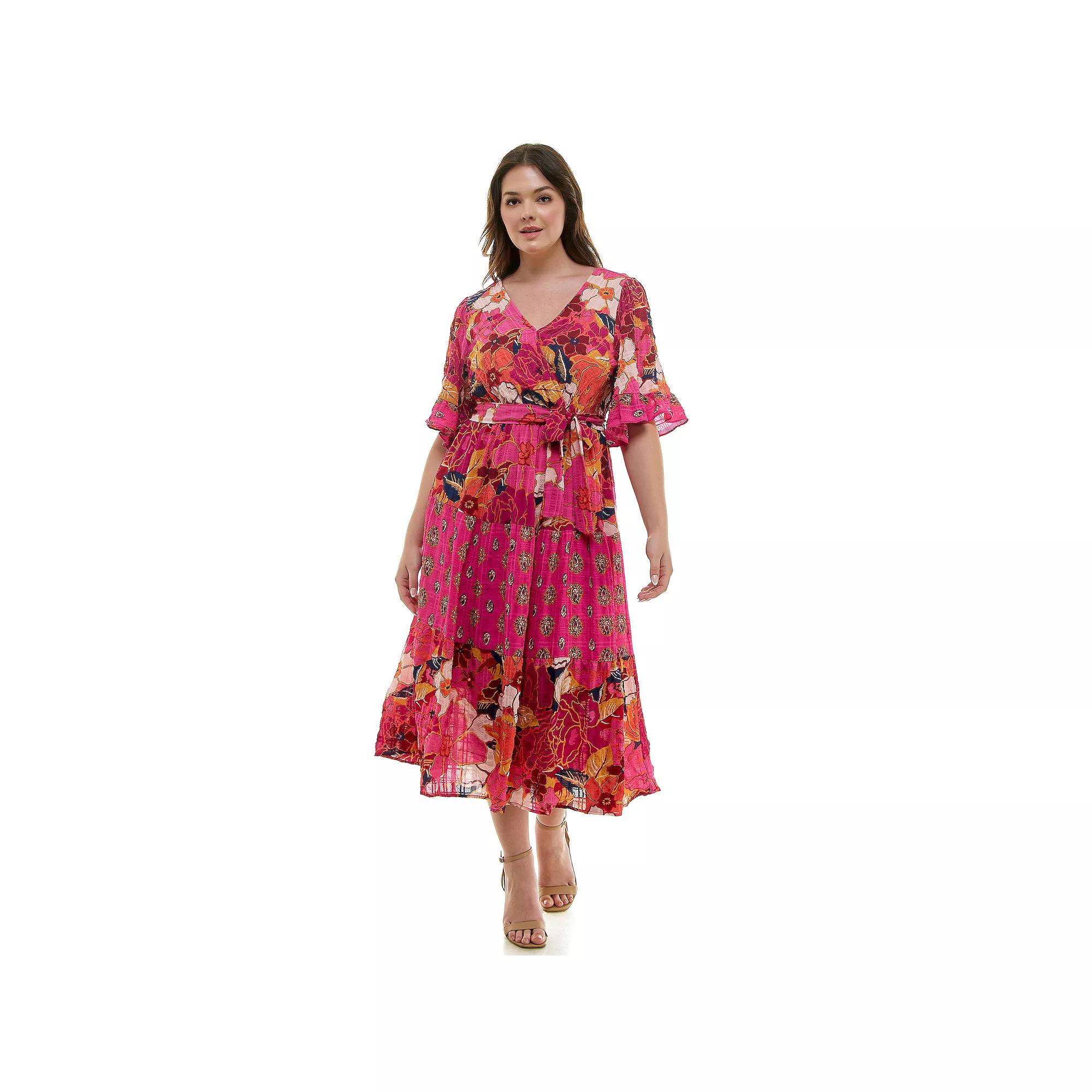 Plus Size Figueroa & Flower Printed V-Neck Tiered Maxi Dress, Women's, Size: 3XL, Pink Gold Product Image