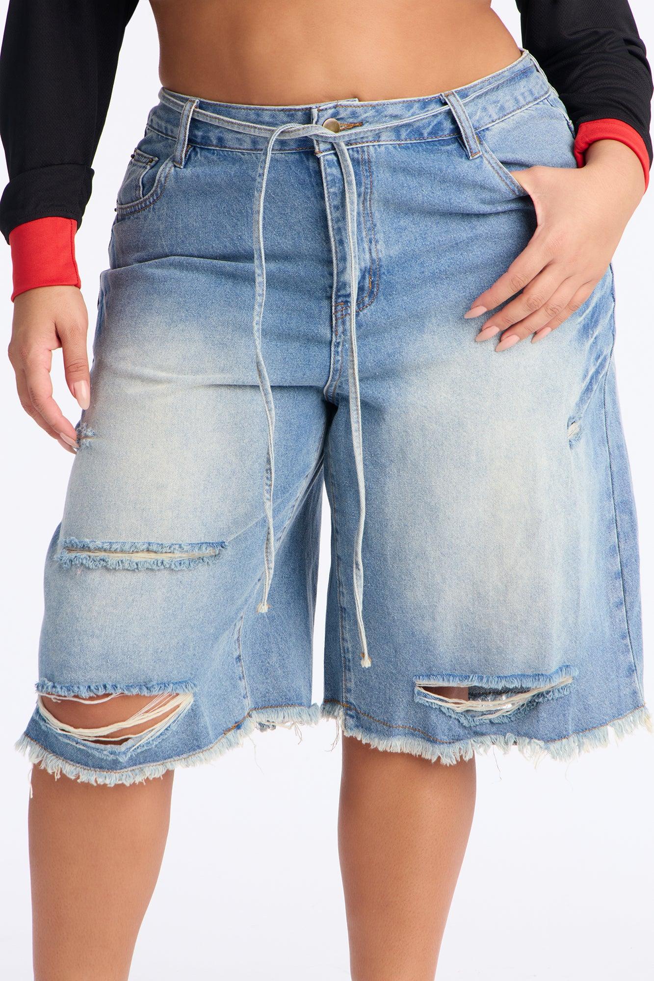 Ludlow Drawstring Ripped Denim Jorts - Vintage Wash Female Product Image