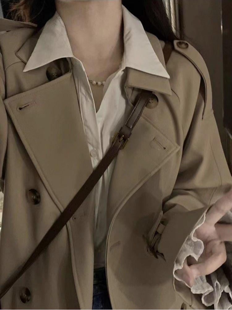 Lapel Collar Plain Double Breasted Trench Coat Product Image