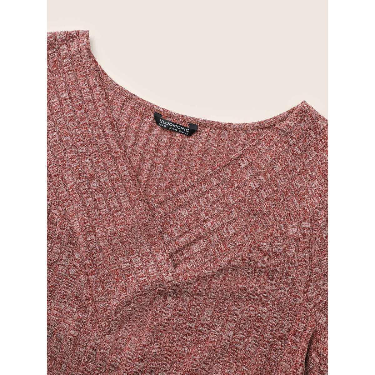 Plus Size Heather Plisse Long Sleeve T-shirt Russet Women Elegant Non Colorblock V-neck Everyday T-shirts BloomChic 14-16/1X Product Image