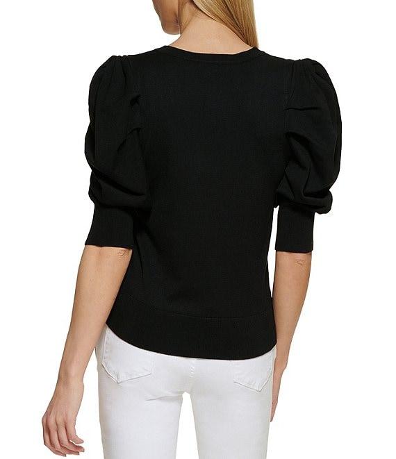 DKNY by Donna Karan Short Pleated Puffed Elbow Sleeve V-Neck Knit Top Product Image