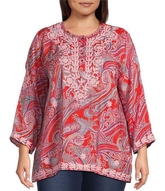 Calessa Plus Size Woven Embroidered Printed Split V-Neck Wrist Length Sleeve Tunic Product Image