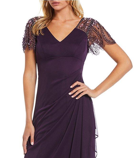 Xscape Short Beaded Sheer Flutter Sleeve Cascading Draped Waist V-Neck Beaded Gown Product Image