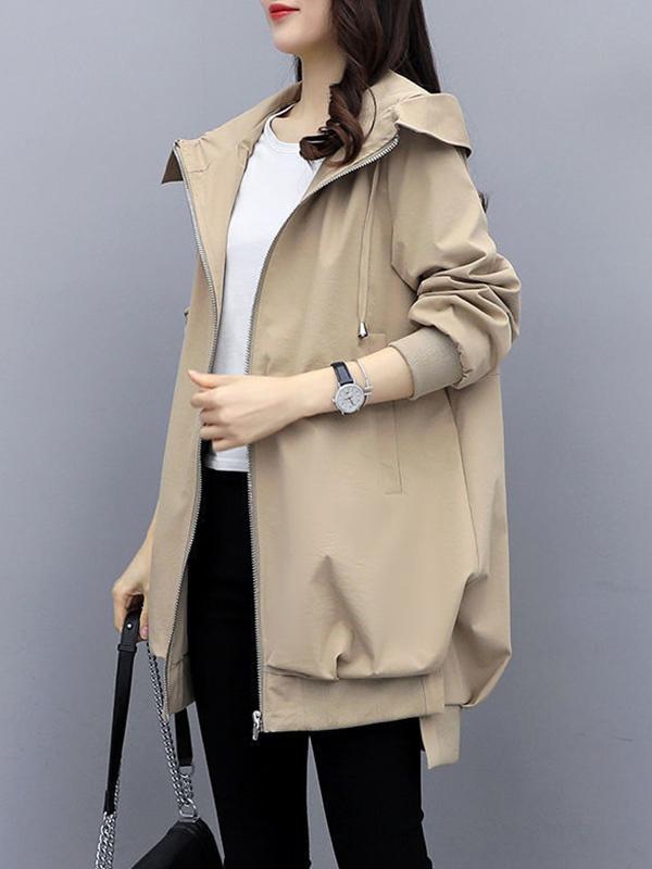 Casual Loose 4 Colors Pleated Zipper Hooded Long Sleeves Outwear Product Image