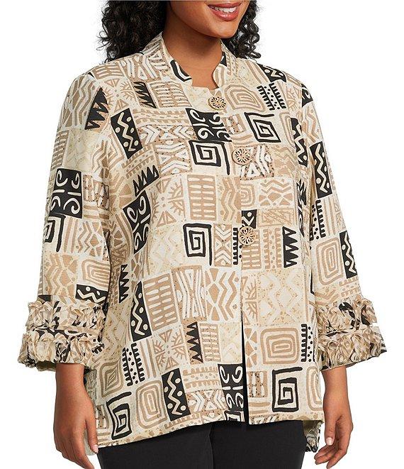 Multiples Plus Size Textured Bark Cloth Patchwork Print Banded Collar 3/4 Sleeve Button Front Jacket Product Image