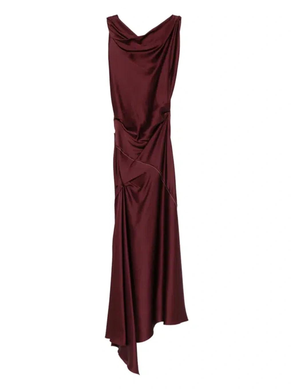 VICTORIA BECKHAM Asymmetric Draped Sleeveless Satin Midi Dress In Burgundy Product Image