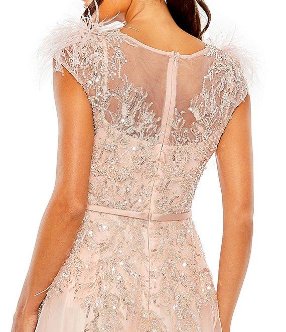 Mac Duggal Beaded Illusion Crew Neck Feather Cap Sleeve A-Line Gown Product Image