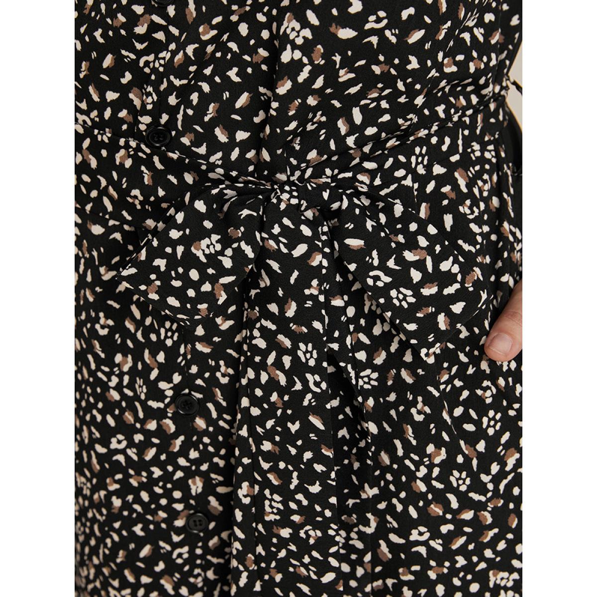 Plus Size Leopard Patchwork Pocket Button Up Belted Split Dress Black Women Office Patchwork Shirt collar Long Sleeve Curvy Midi Dress BloomChic 28/5X Product Image