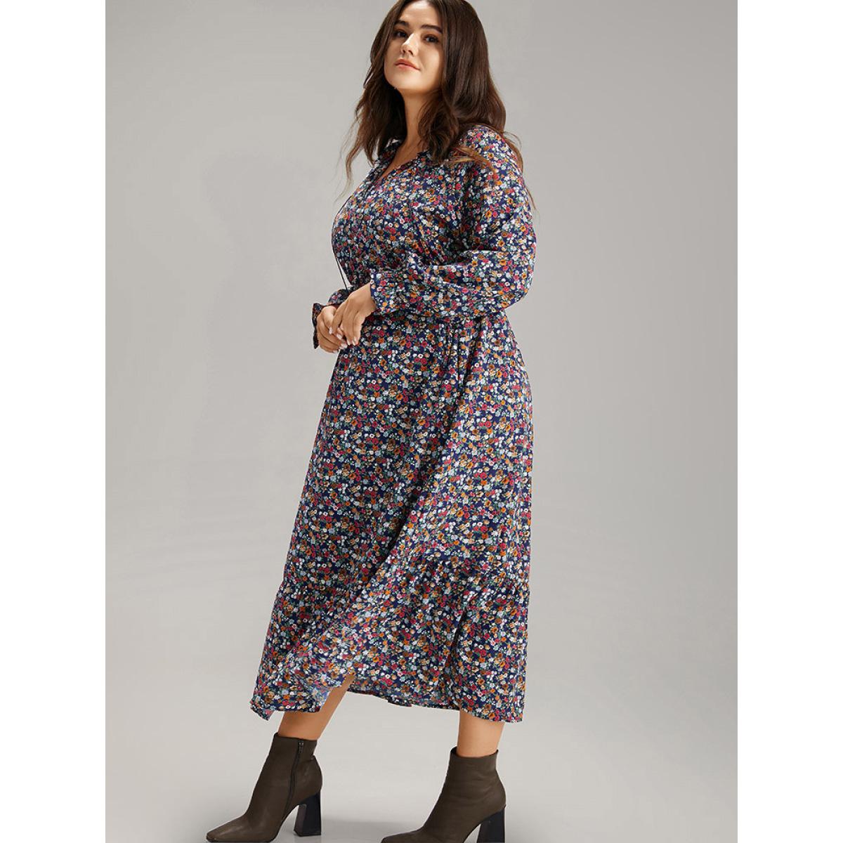 Plus Size Ditsy Floral Shirred Frill Trim Ties Dress DarkBlue Women Elegant Elastic cuffs V-neck Long Sleeve Curvy Midi Dress BloomChic 22-24/3X Product Image