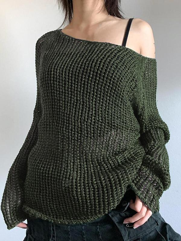 Openwork Off-The-Shoulder Knitted Sweater Long Sleeve Product Image