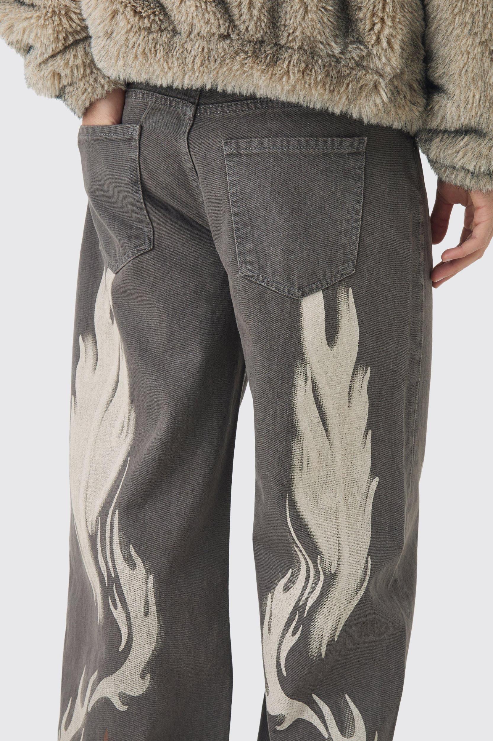 Relaxed Rigid Brown Tint Moto Printed Jeans | boohooMAN USA Product Image