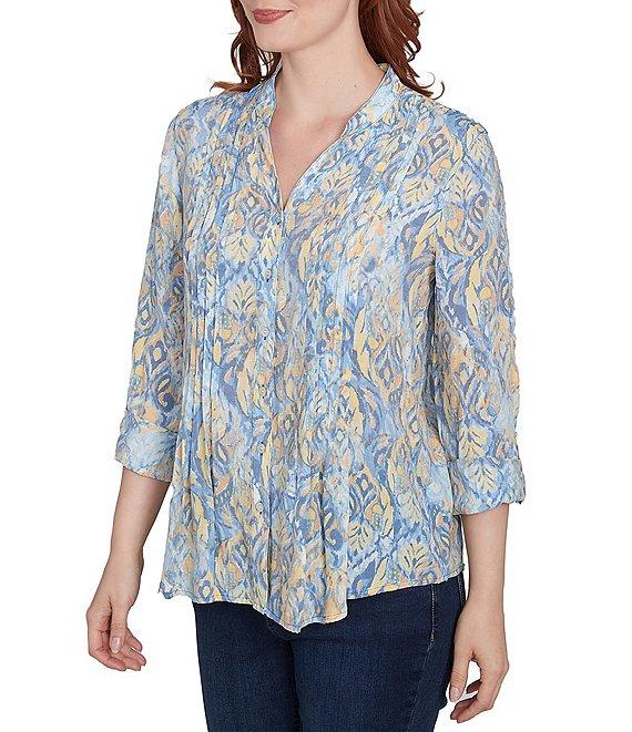 Ruby Rd. Woven Printed Band V-Neck 3/4 Roll-Tab Sleeve Pleated Top Product Image