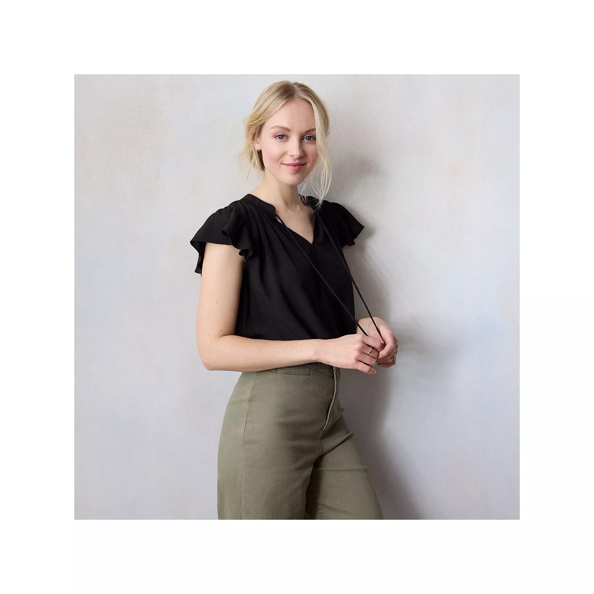 Women's LC Lauren Conrad Tie Front Ruffled V-Neck Shell, Size: XL, Black Product Image