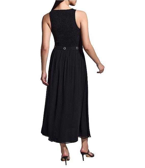 NIC + ZOE Chiffon Smocked Round Neck Sleeveless Fit-And-Flare Belted Midi Dress Product Image
