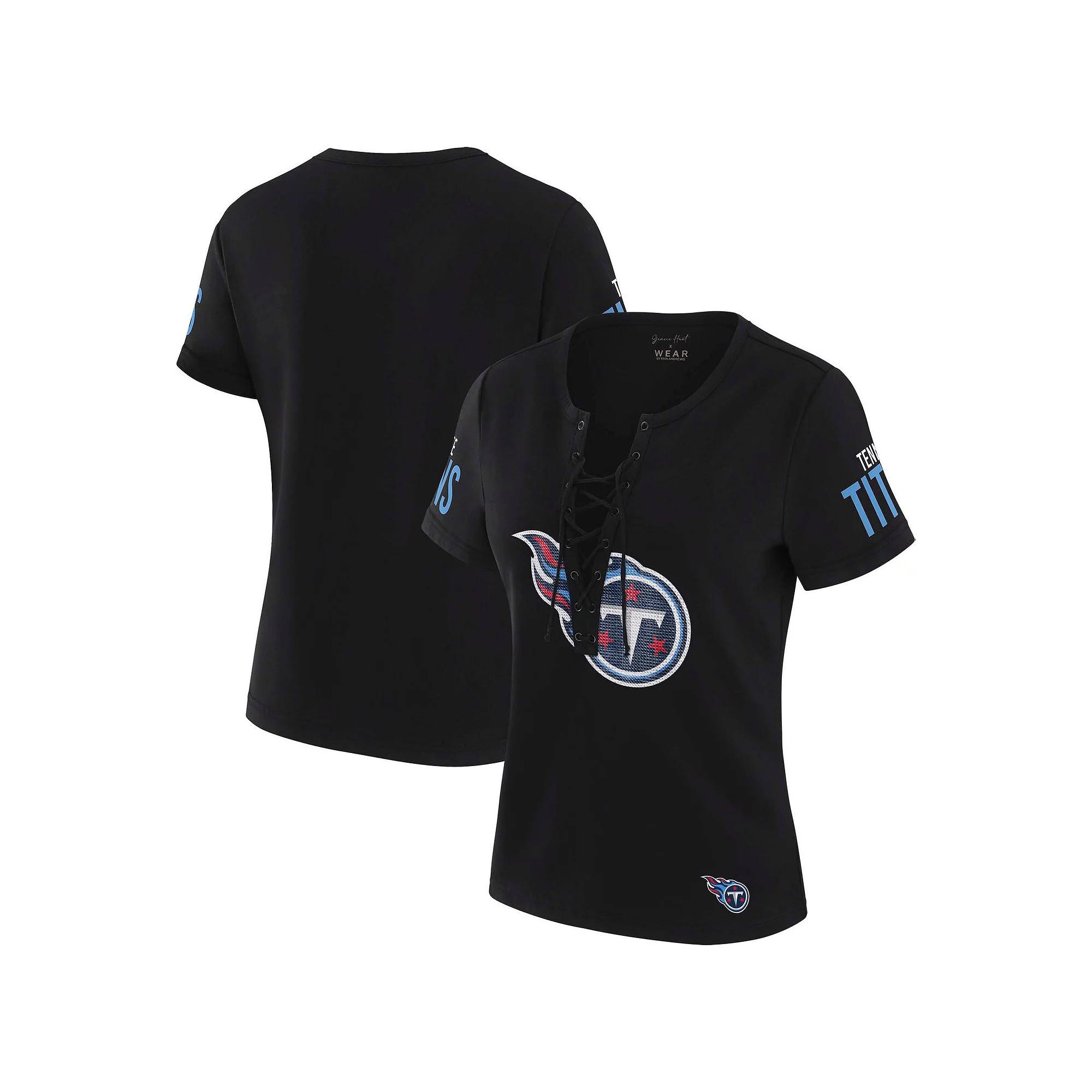 Women's WEAR by Erin Andrews x Gracie Hunt Black Tennessee Titans Draft Me Lace-Up T-Shirt, Size: XL Product Image