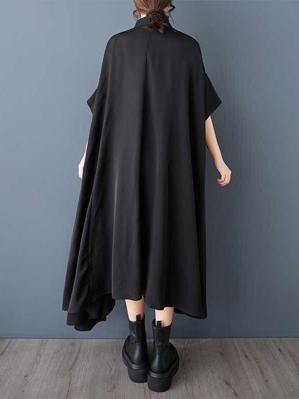 A-Line Half Sleeves Asymmetric Buttoned Pockets Solid Color Lapel Midi Dresses Shirt Dress Product Image