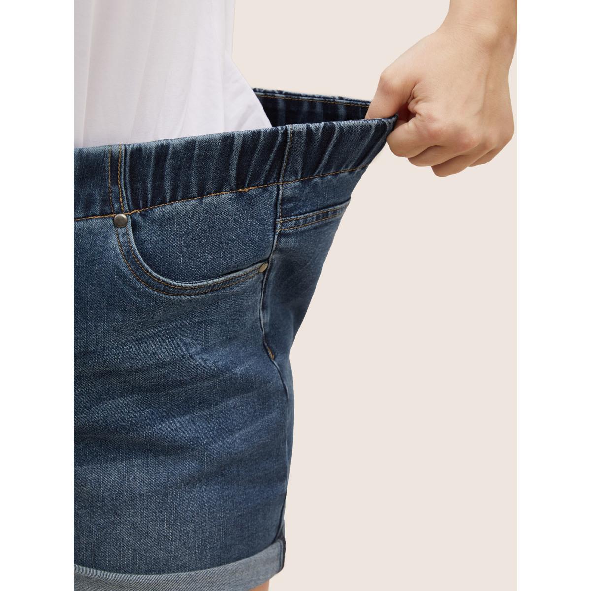 Plus Size Dark Wash Elastic Waist Roll Hem Denim Shorts Women DarkBlue Roll Hem Medium stretch Everyday Slanted pocket Casual Denim Shorts BloomChic 12/L Product Image