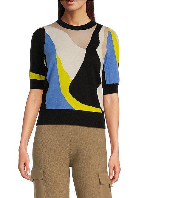 Donna Karan Knit Color Block Crew Neck Elbow Puff Sleeve Top Product Image