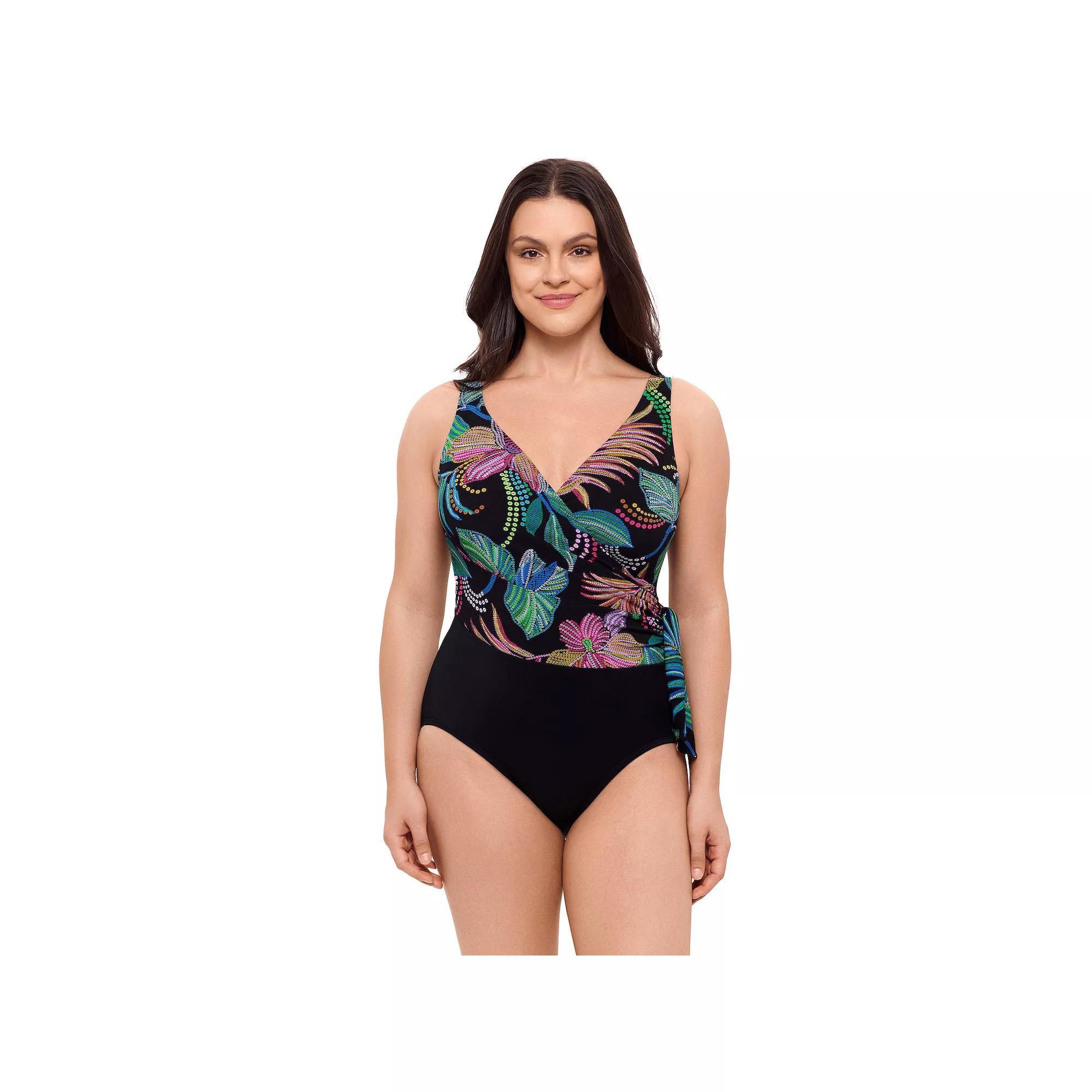 Women's Great Lengths Sequin Floral Draped Side Tie Surplice One-Piece Swimsuit, Size: 22 Product Image