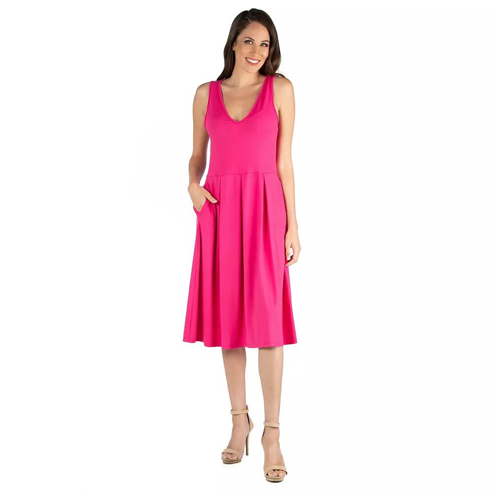 Women's 24seven Comfort Apparel Fit And Flare Sleeveless Midi Tank Top Dress with Pockets, Size: 1XL, Pink Product Image