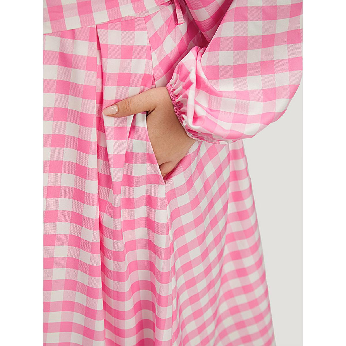 Plus Size Halloween Plaid Print Belted Square Neck Lantern Sleeve Dress Pink Women Elegant Elastic cuffs Square Neck Long Sleeve Curvy Midi Dress BloomChic 30/6X Product Image