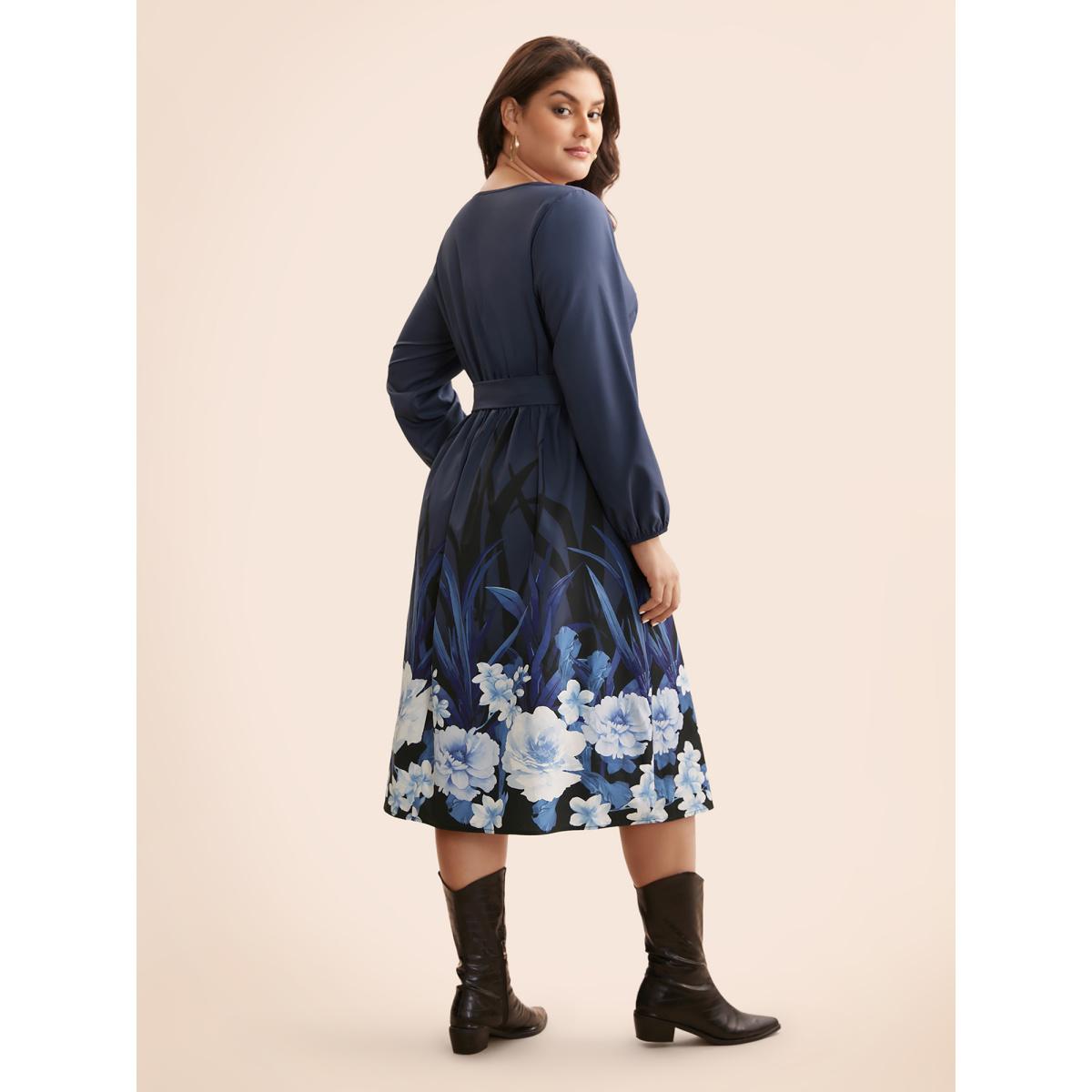 Plus Size Boho Print Belted Lantern Sleeve Dress DarkBlue Women Casual Belted Round Neck Long Sleeve Curvy BloomChic 26/4X Product Image