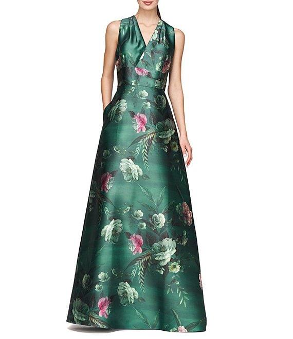 Kay Unger Floral Print Mikado V-Neck Sleeveless Side Pocket Gown Product Image