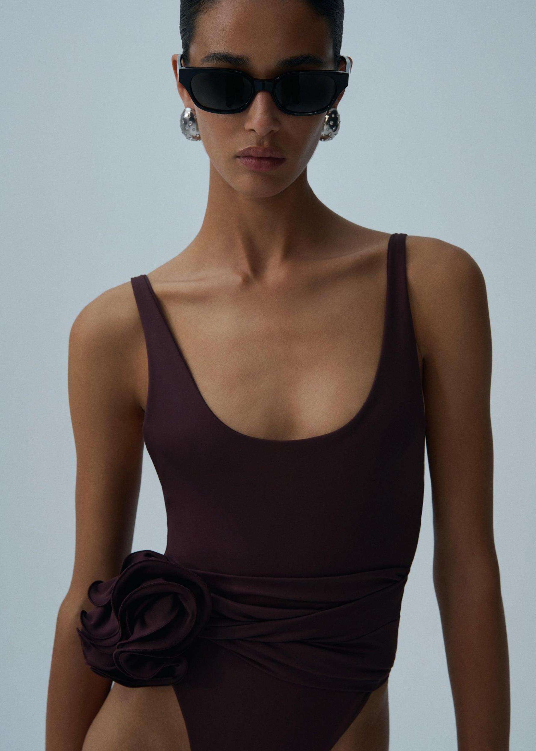Flower scoop neck swimsuit in brown Product Image