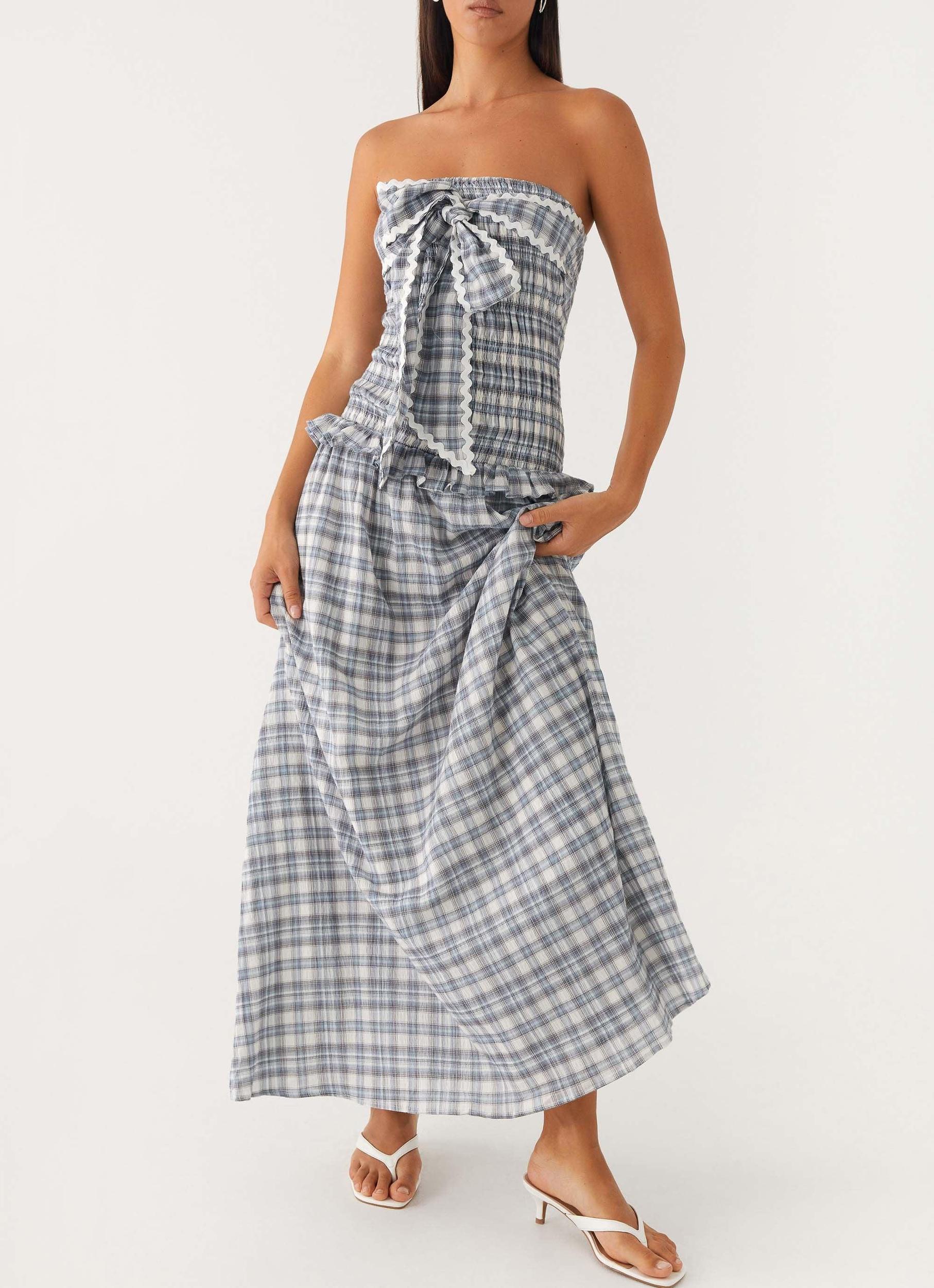 Malia Shirred Maxi Dress - Blue Grey Check Product Image
