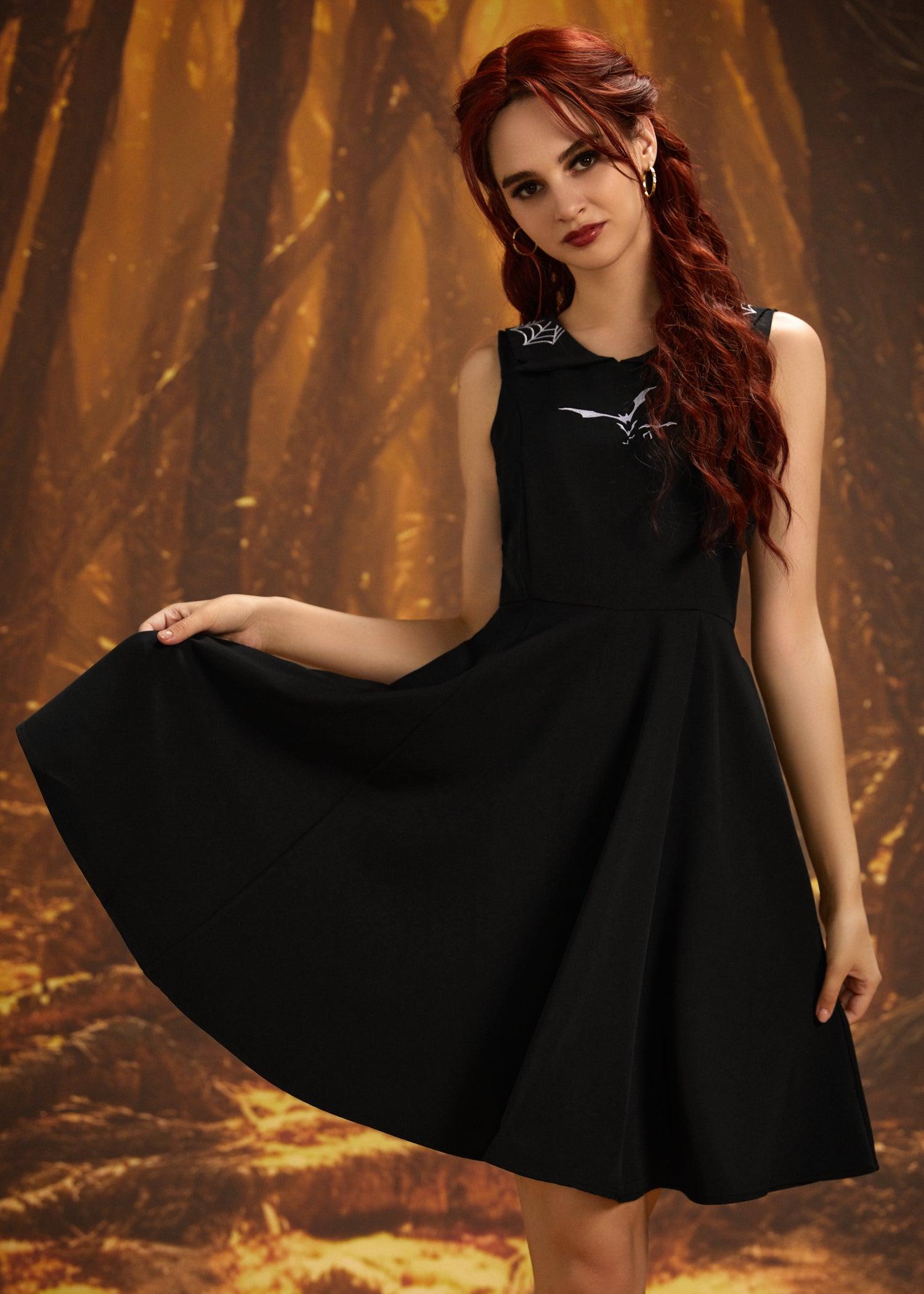 Black Bat Embroidered Swing Dress Product Image