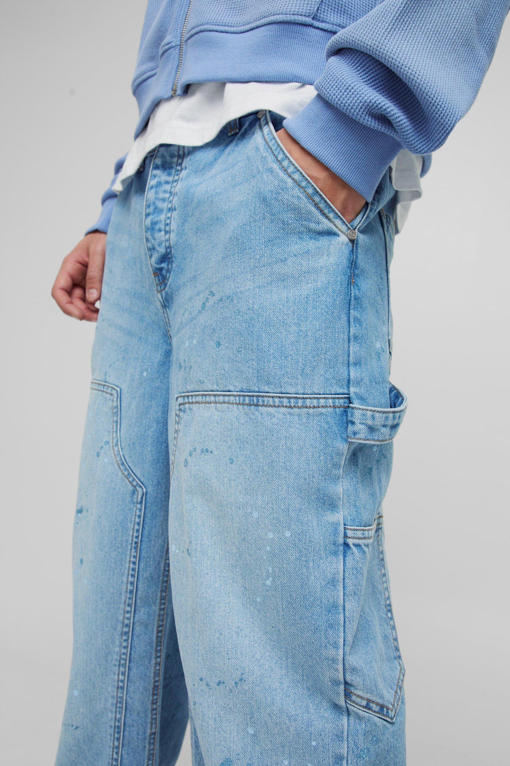 Relaxed Rigid Paint Splatter Carpenter Denim Jeans | boohooMAN USA Product Image