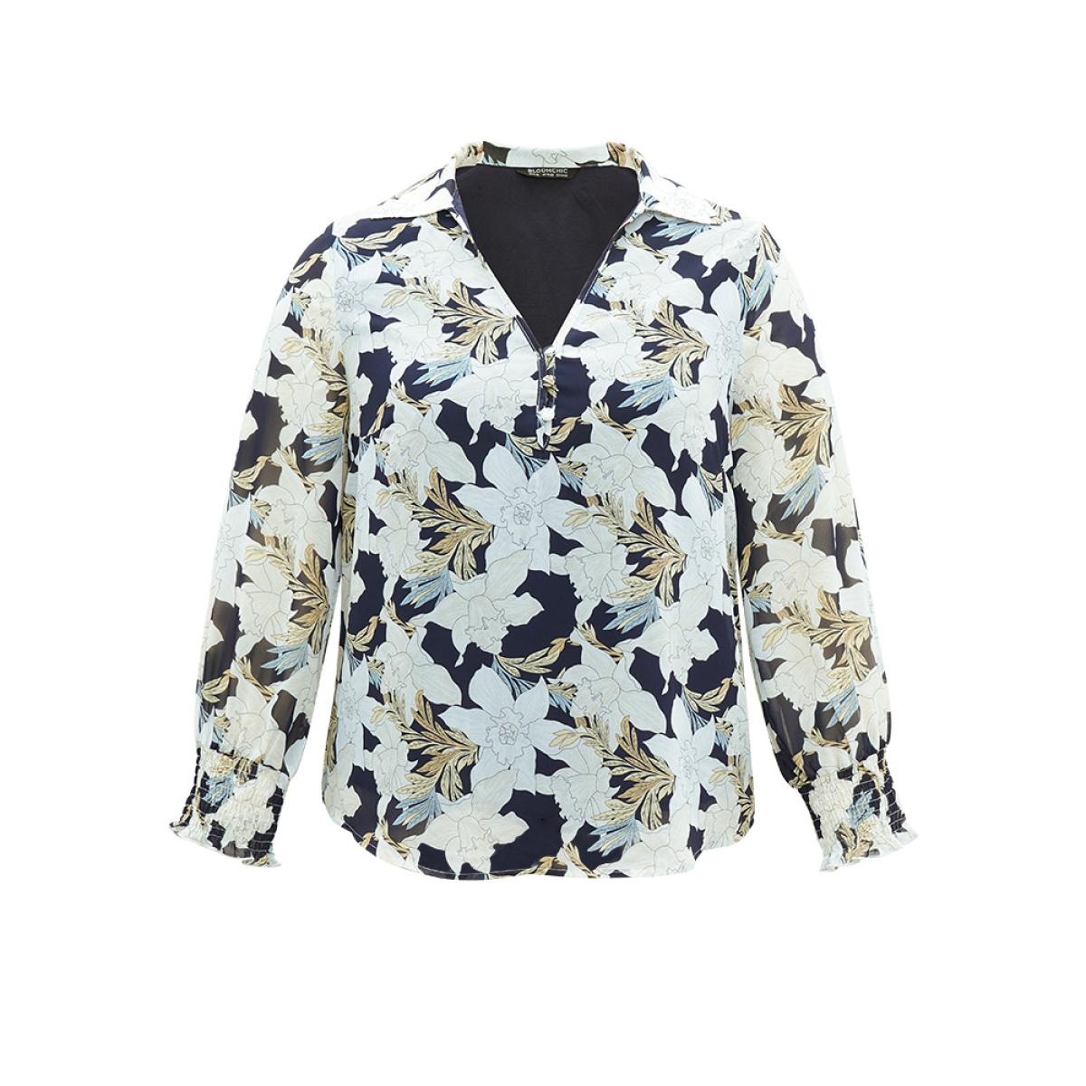 Plus Size DarkBlue Chiffon Silhouette Floral Print Shirred Frill Trim Blouse Women Elegant Long Sleeve V-neck Dailywear Blouses BloomChic 18-20/2X Product Image