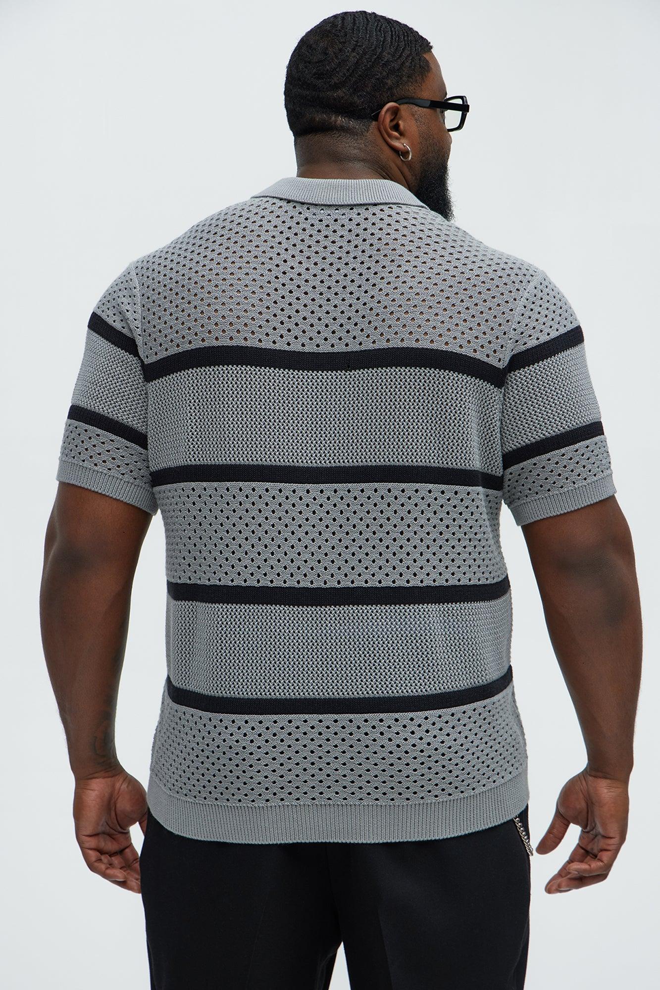 Mixed Texture Knitted Johnny Collar Shirt - Grey/combo Product Image