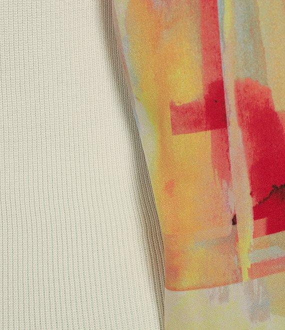 DKNY By Donna Karan Printed Mixed Media V-Neck Long Sleeve Knit Top Product Image