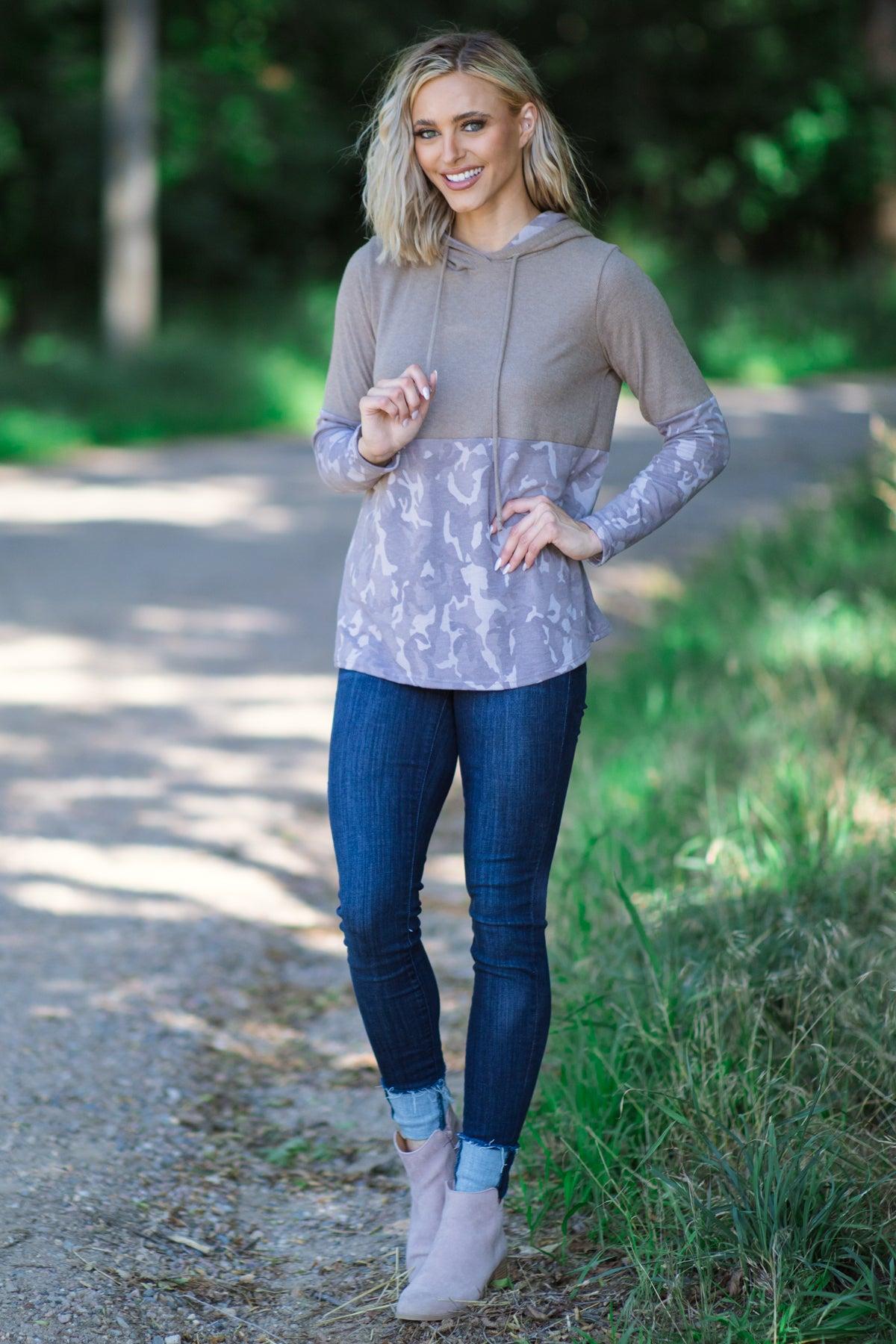 Mocha Camouflage Colorblock Hooded Top Product Image