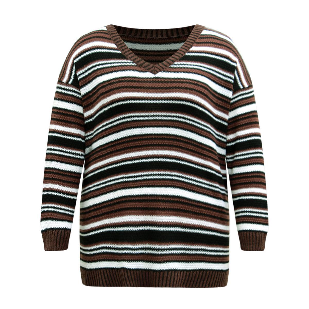 Plus Size Striped Contrast Crew Neck Drop Shoulder Pullover DarkBrown Women Casual Loose Long Sleeve V-neck Everyday Pullovers BloomChic 10/M Product Image