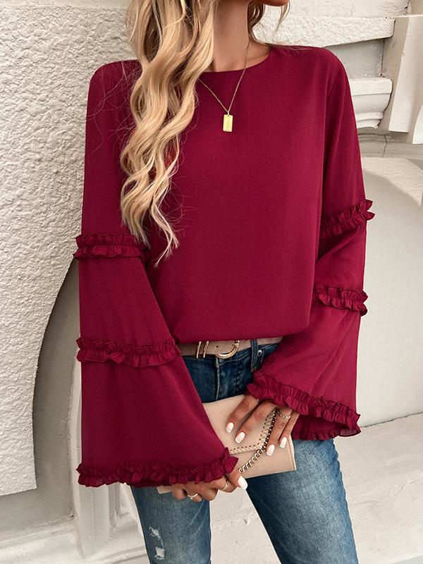 Flared Sleeves Long Sleeves Solid Color Split-Joint Round-Neck T-Shirts Tops Product Image