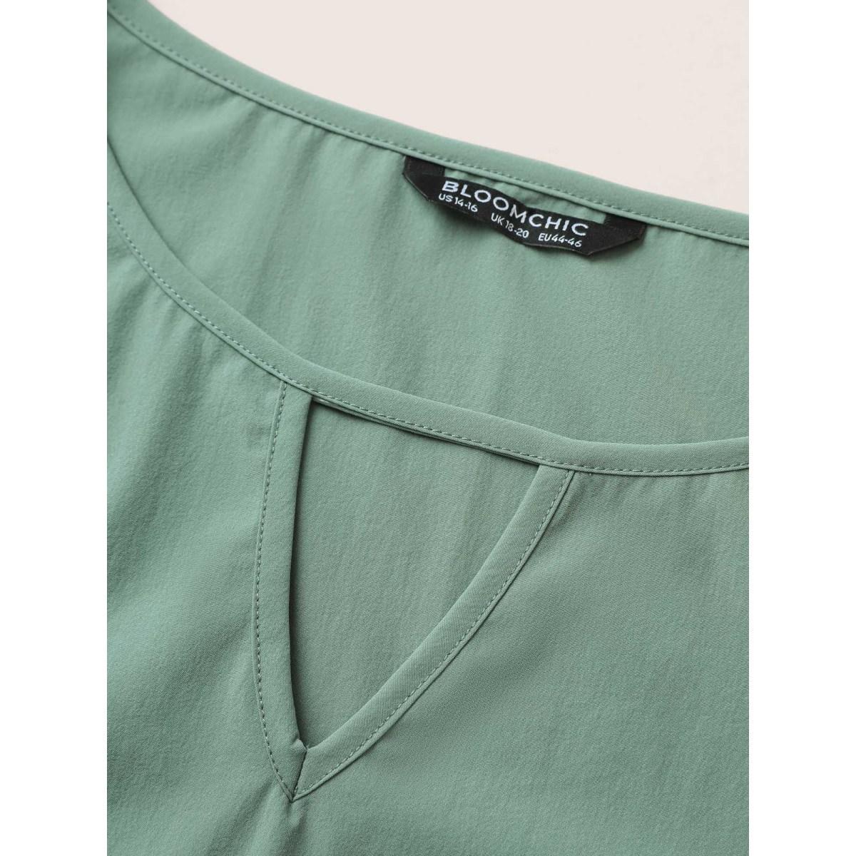 Plus Size Mint Stretchy Woven Keyhole Pearl Beaded Ruffle Sleeve Blouse Women At the Office Elbow-length sleeve Round Neck Work Blouses BloomChic 22-24/3X Product Image