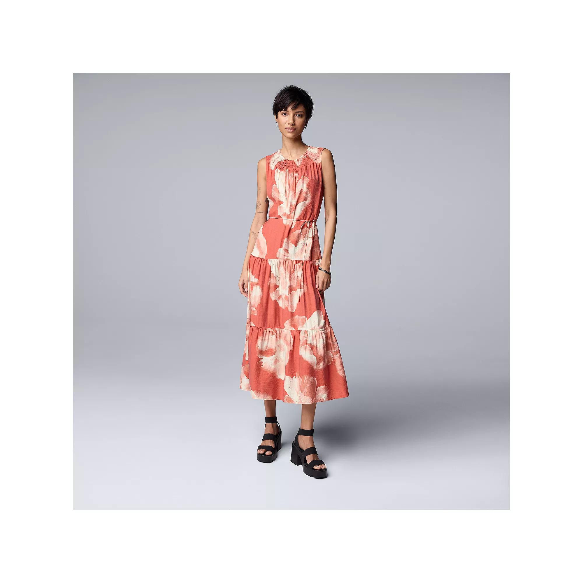 Petite Simply Vera Vera Wang Smocked Crosshatch Crepe Dress, Women's, Size: XXL Petite, Orange Floral Product Image