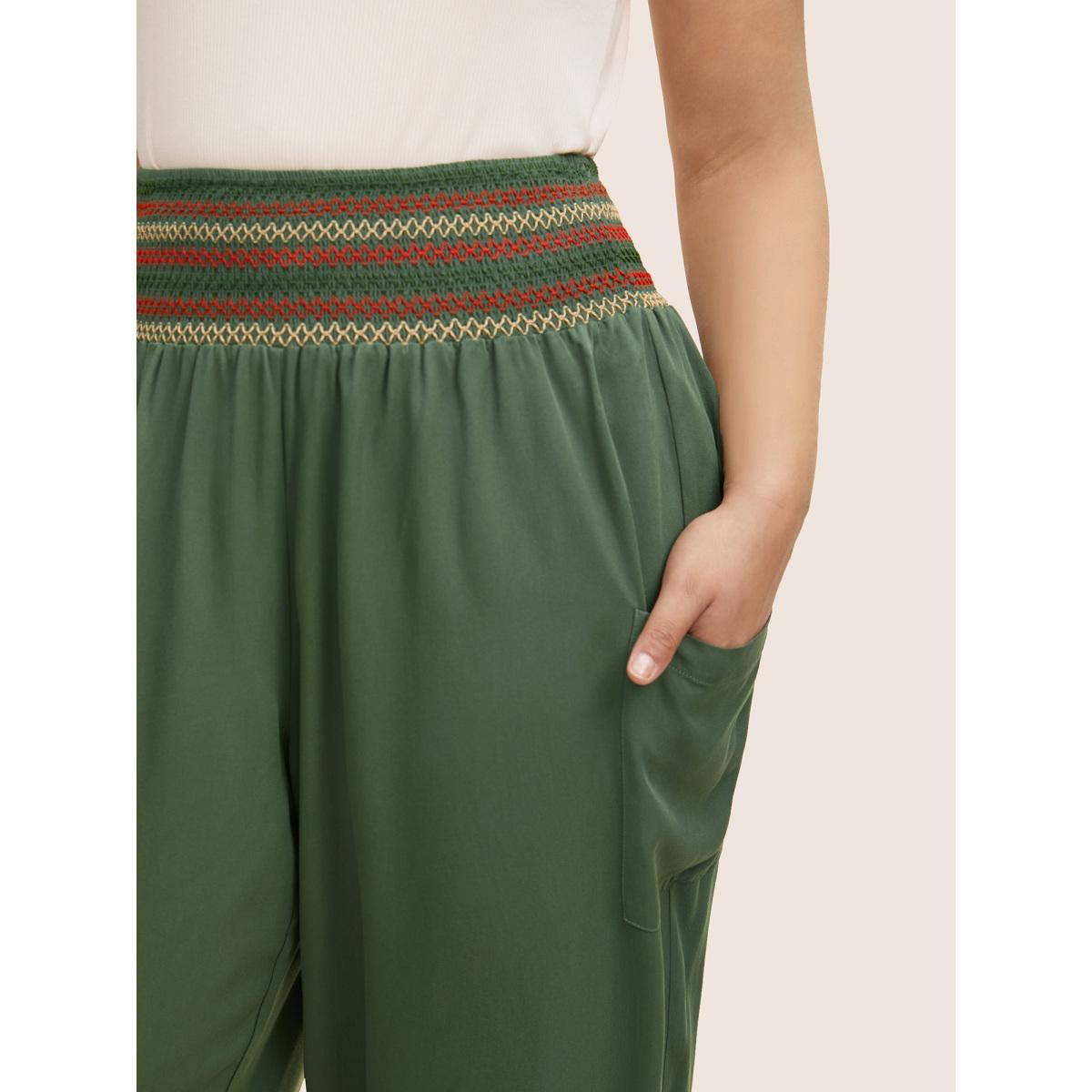 Plus Size Mid Rise Shirred Tapered Leg Pants Women ArmyGreen Resort Mid Rise Vacation Pants BloomChic 12/L Product Image