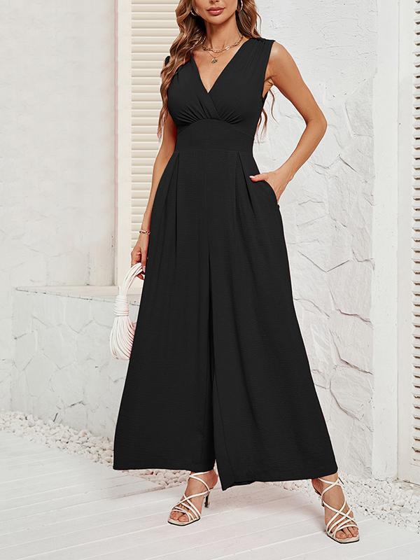Loose Sleeveless Pleated Solid Color Split-Joint V-Neck Jumpsuits Product Image
